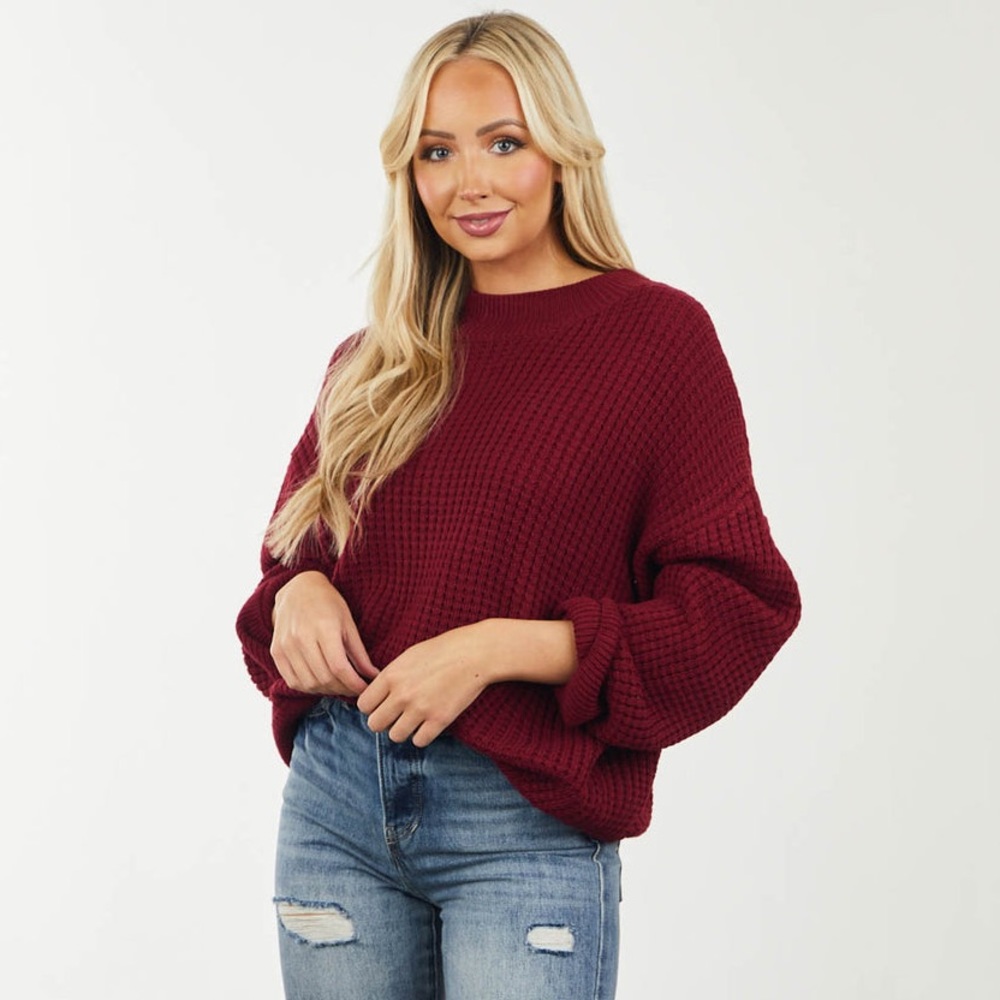 Splendid Women’s Waffle Knit Long Sleeve Maroon Sweater Size XL